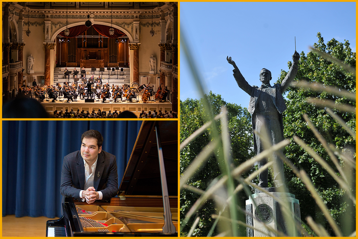 Orchestra on stage, Gustav Holst statue, Alim Beisembayev